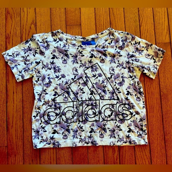 adidas Tops - Adidas purple floral cotton cropped tee size medium
